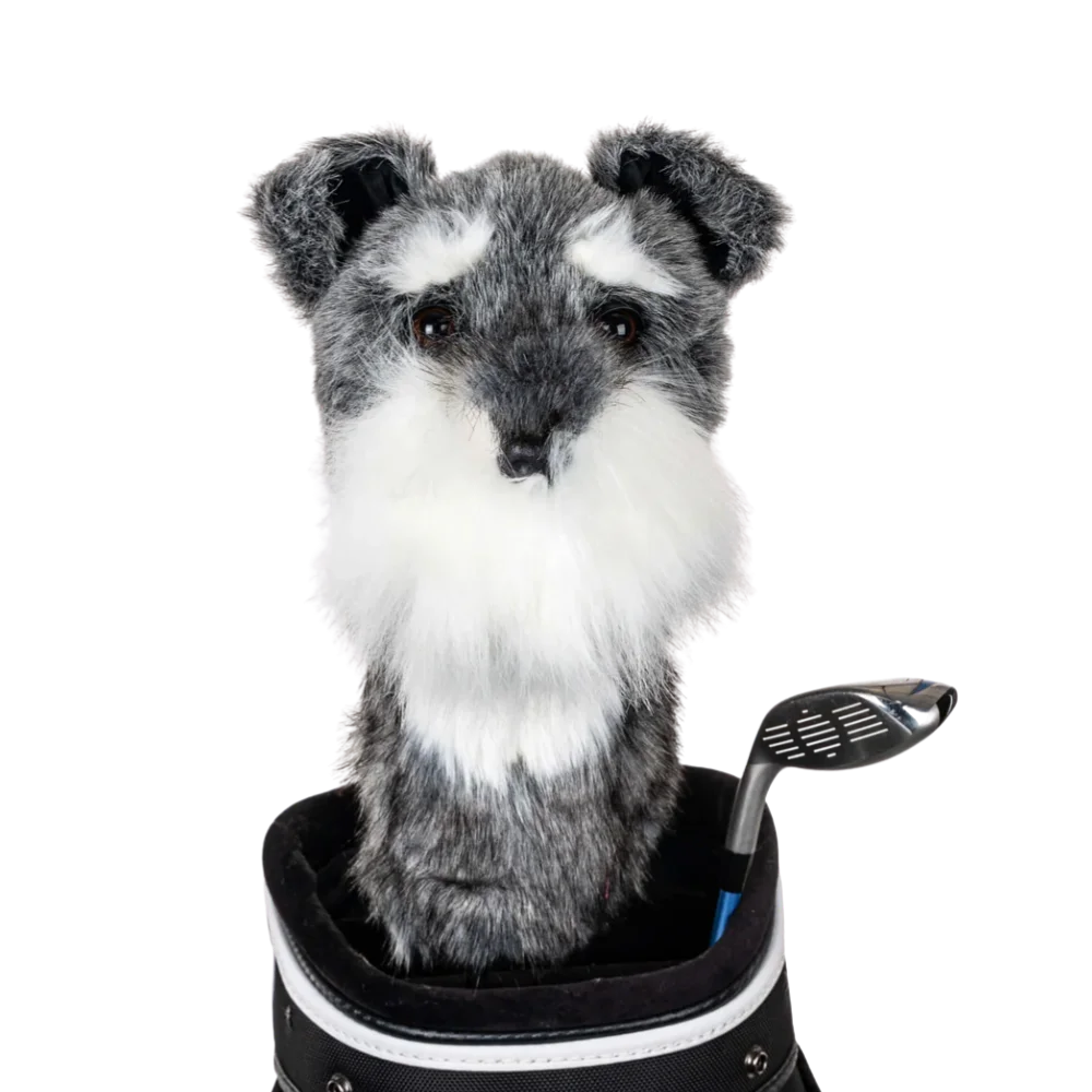 Golf club headcover shaped like a plush Schnauzer dog.