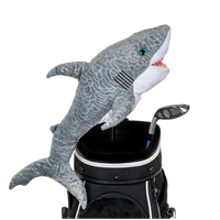 Plush gray shark golf club head cover on a white background