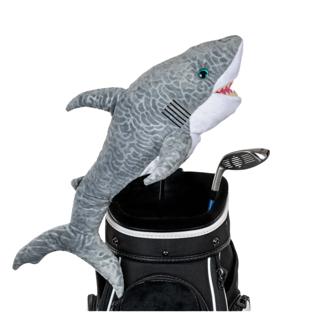 Plush gray shark golf club head cover on a white background