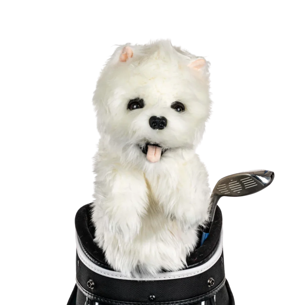 Golf club headcover shaped like a plush Westie dog.