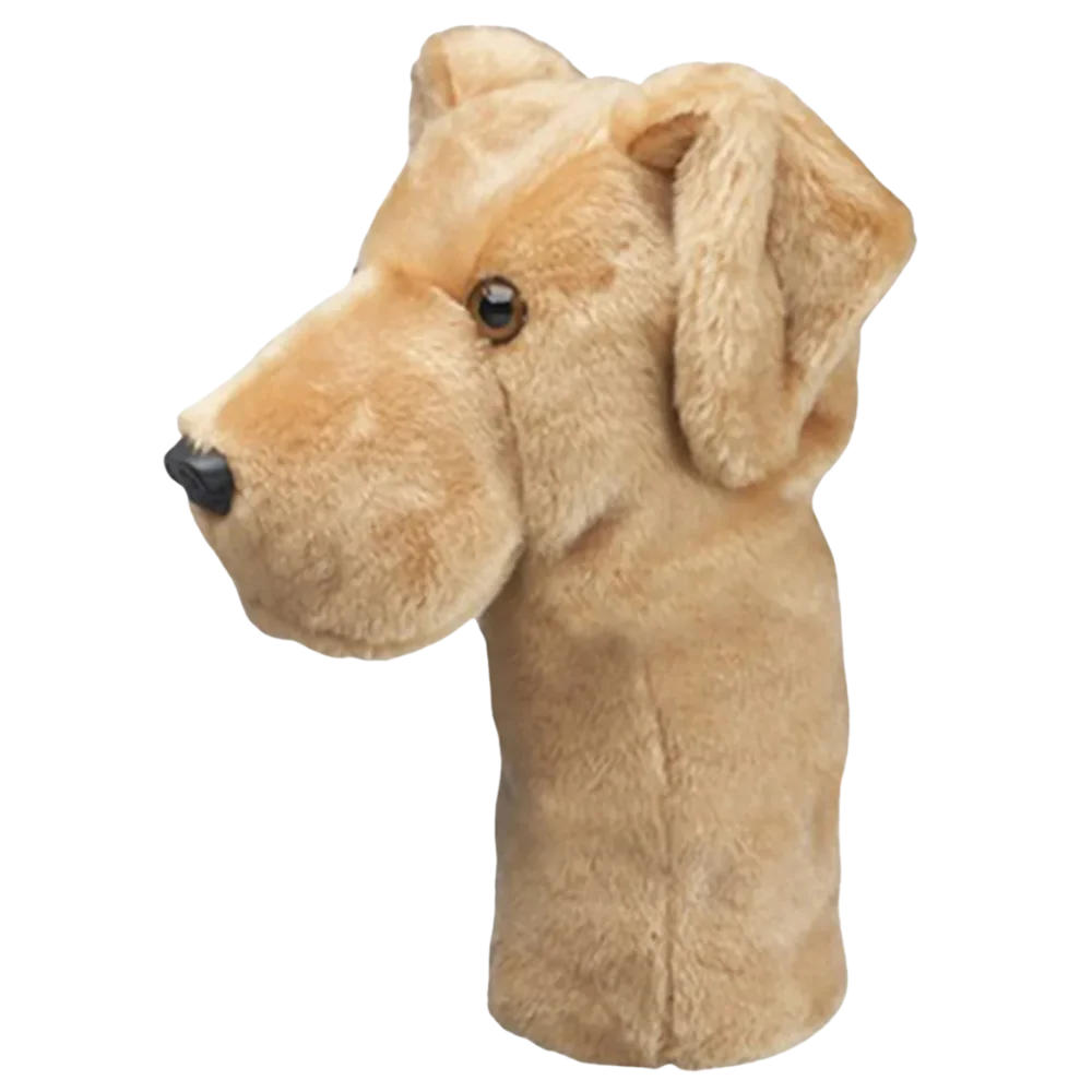 Golf club headcover shaped like a plush Yellow Lab dog.