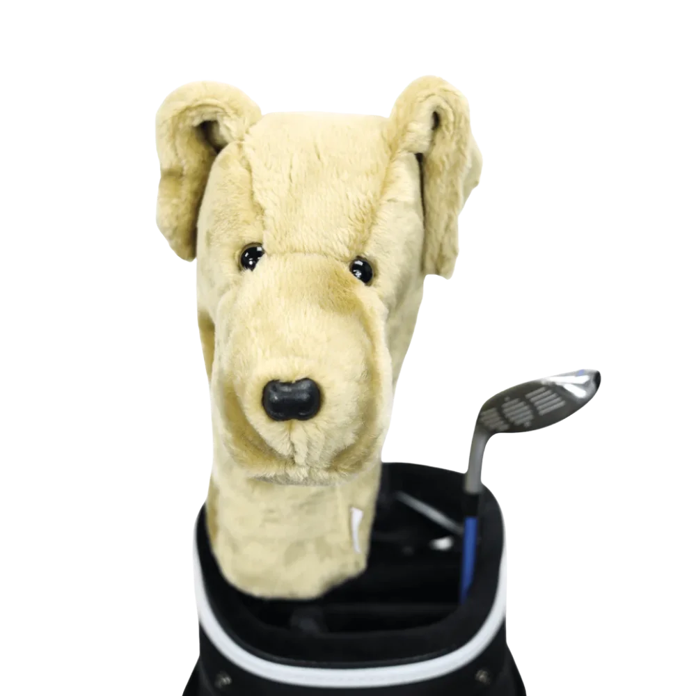 Golf club headcover shaped like a plush Yellow Lab dog.