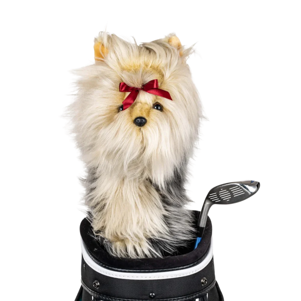 Golf club headcover shaped like a plush Yorkshire Terrier dog.