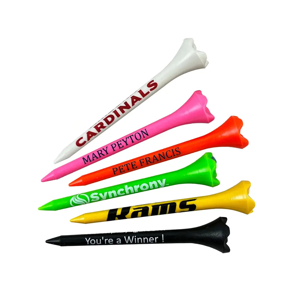 Six 2 3/4" Personalized Pride Performance® Golf Tees fanned out.