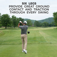 Man swinging a golf club. Text above him that says "Six Legs - Provide Great ground contact and traction through every swing."