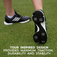 Upclose of a person wearing golf cleats. Text underneath saying "Tour inspired design - provides maximum traction, durability and stability."
