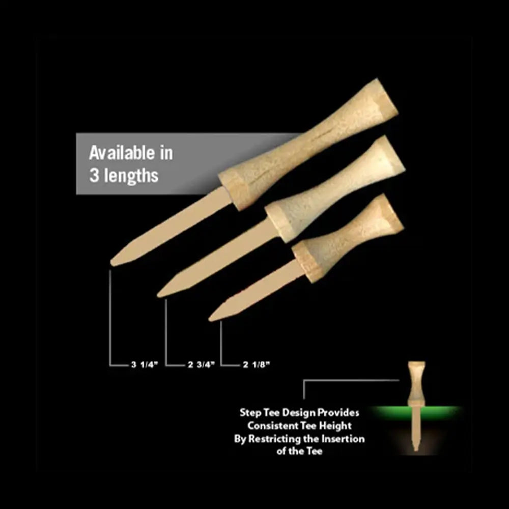 A diagram showing the three different lengths of the natural 3 1/4" Pride Golf Tee Step Tees.