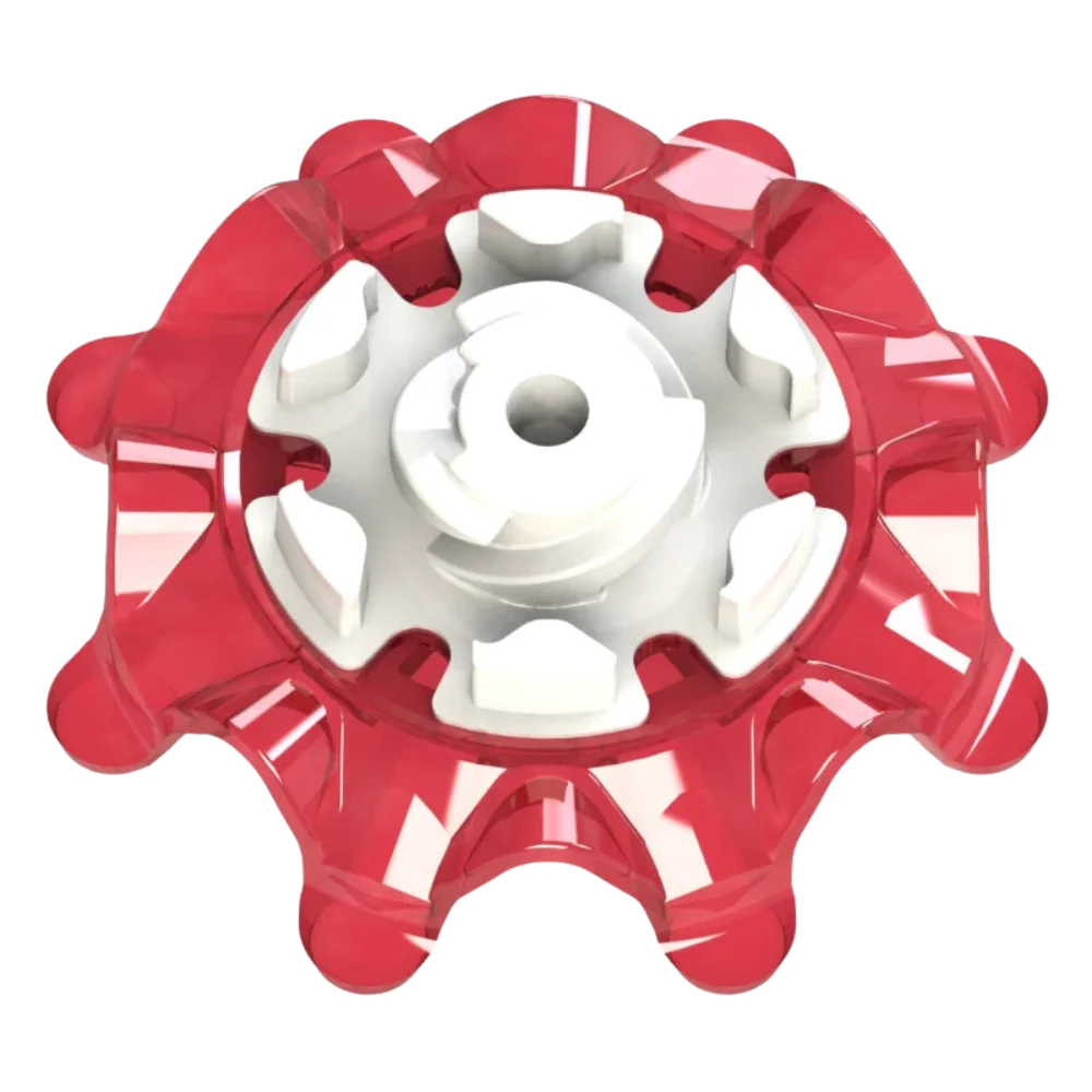 Top view of red Pulsar golf spike on a white background