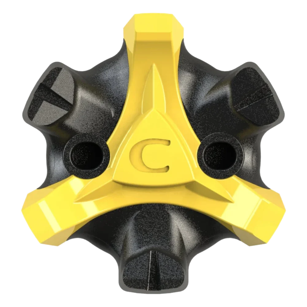 Front angle of the yellow and black Scorpion Stinger Golf Spikes