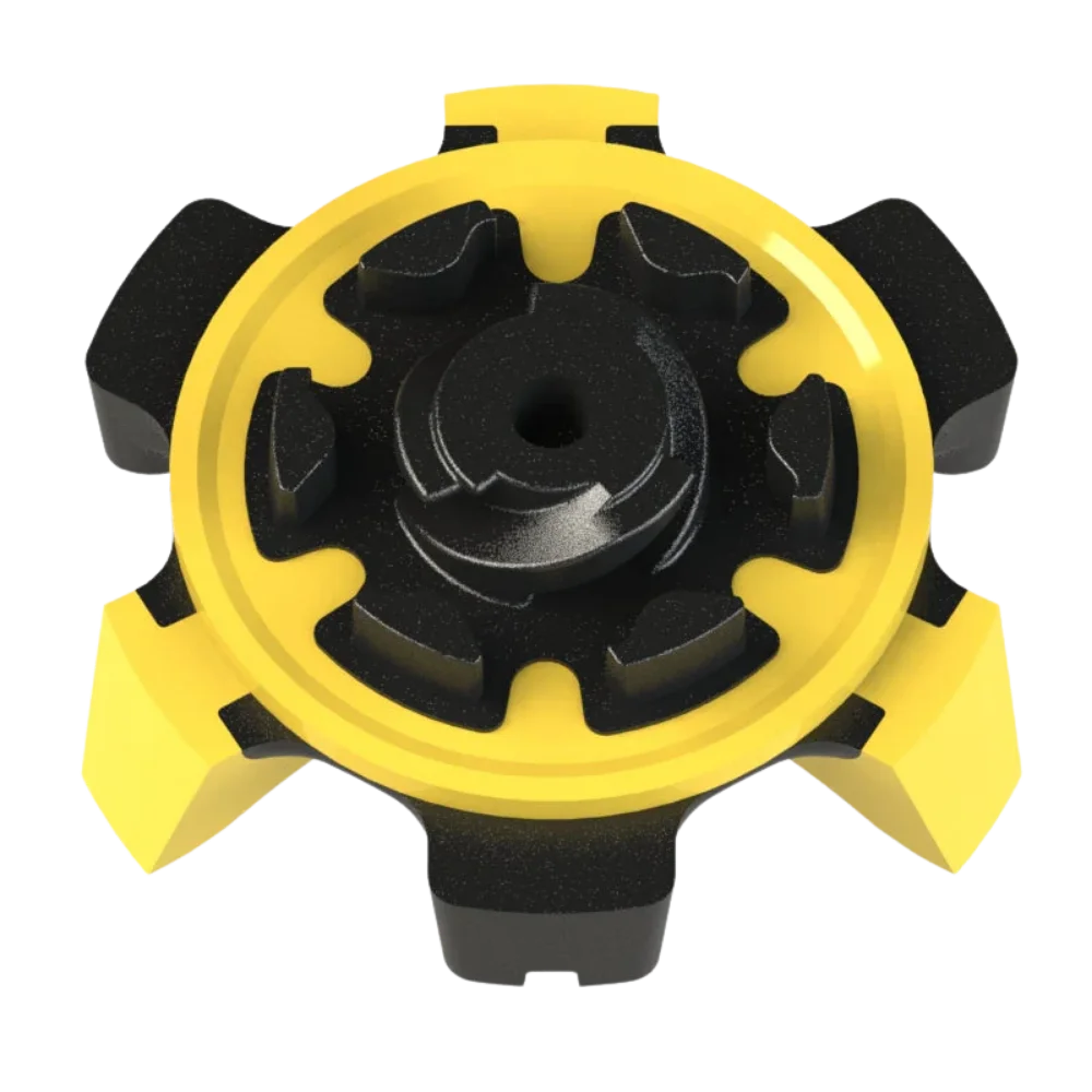 Back angle of the yellow and black Scorpion Stinger Golf Spikes