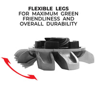 Diagram showing the flexible legs of the Tornado Golf Spike for maximum green friendliness and overall durability
