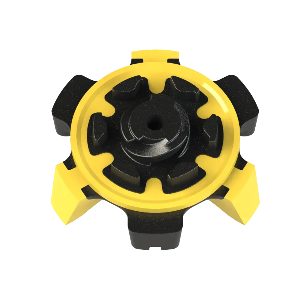 Back angle of the yellow and black Scorpion Stinger Golf Spikes