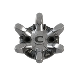 Bottom side view of replaceable golf spike on a white background