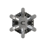 Bottom view of replaceable golf spike on a white background