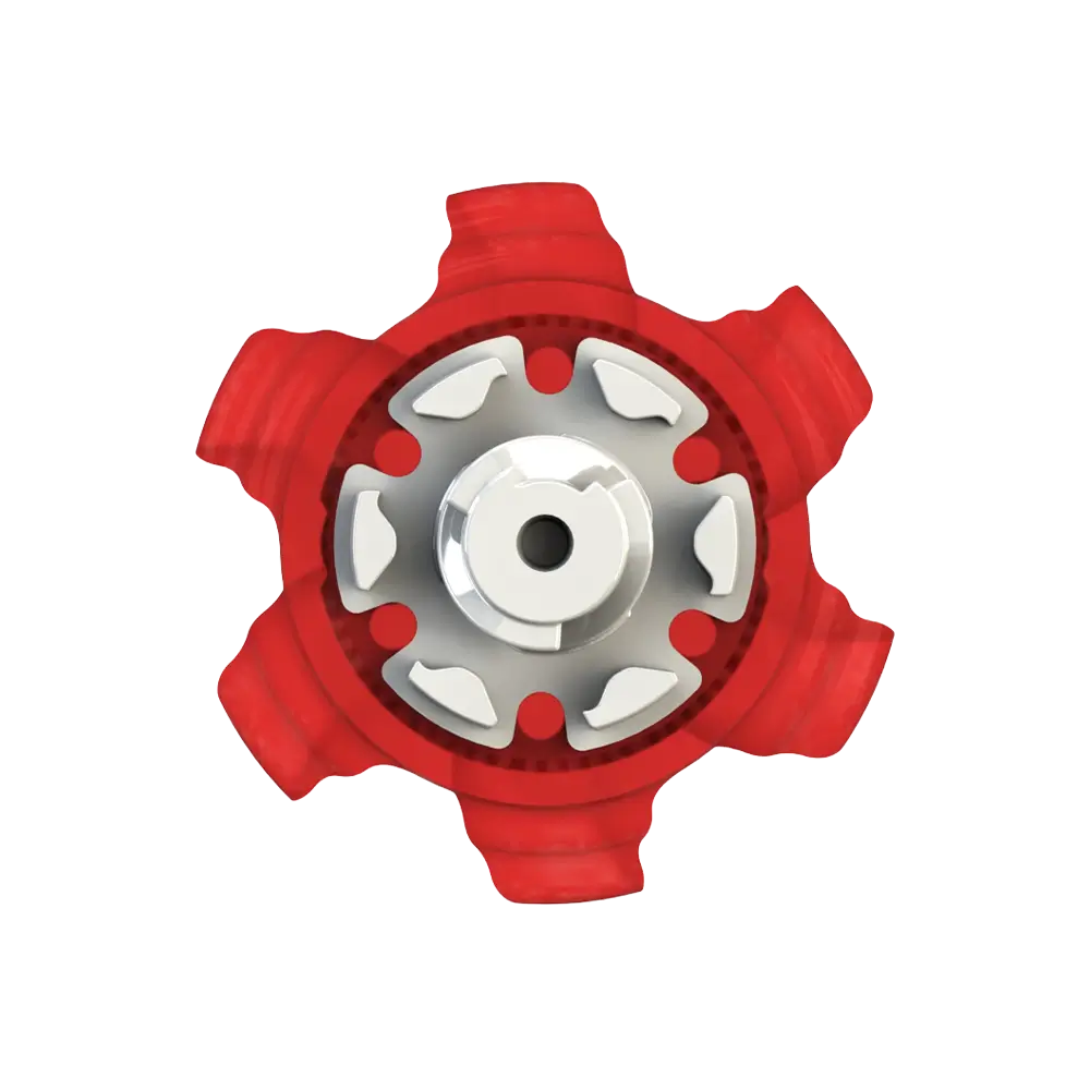 Back angle of red Pivix Golf Spikes