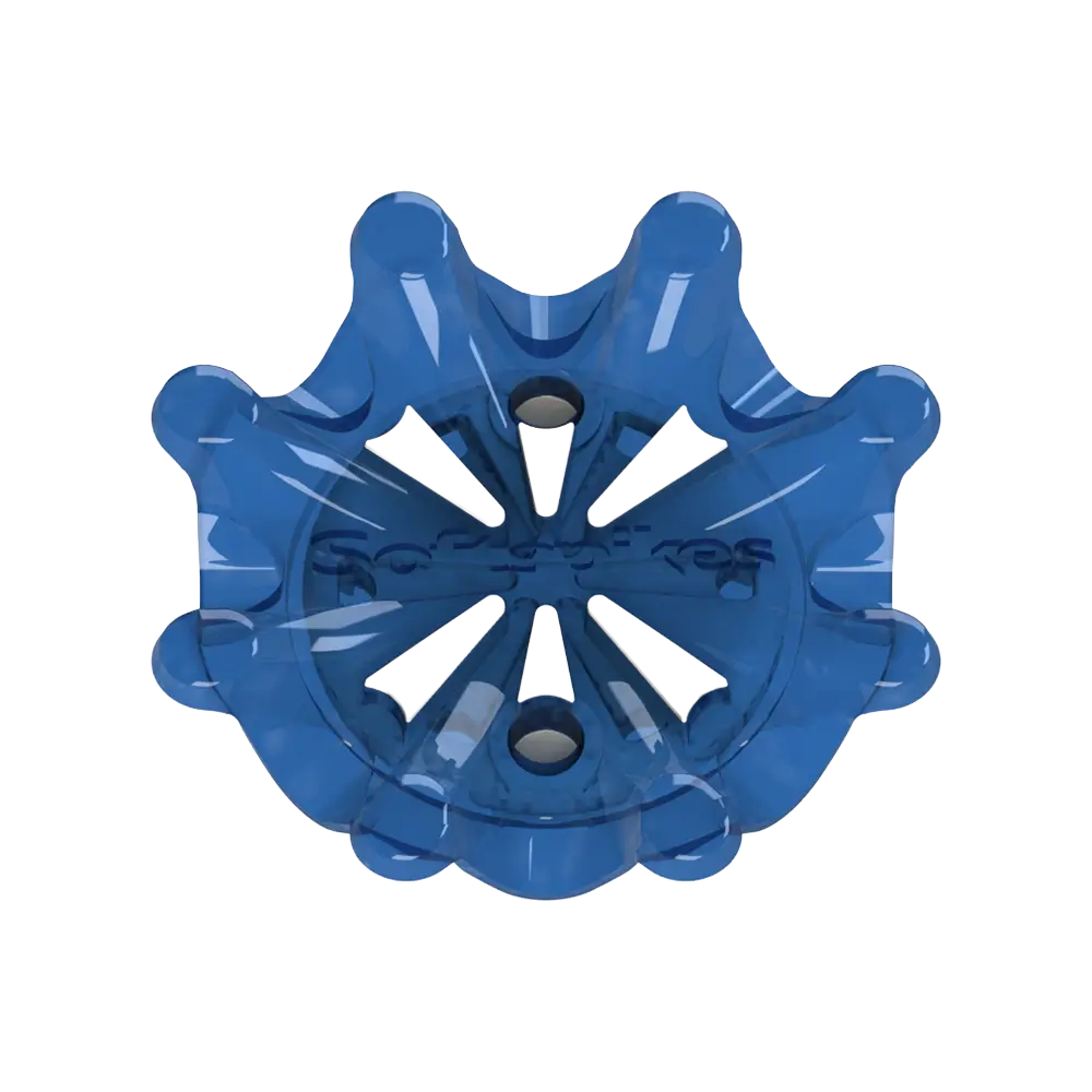 Front side angle of blue Pulsar Golf Spikes