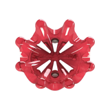 Bottom side view of red Pulsar golf spike on a white background