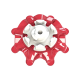 Top view of red Pulsar golf spike on a white background