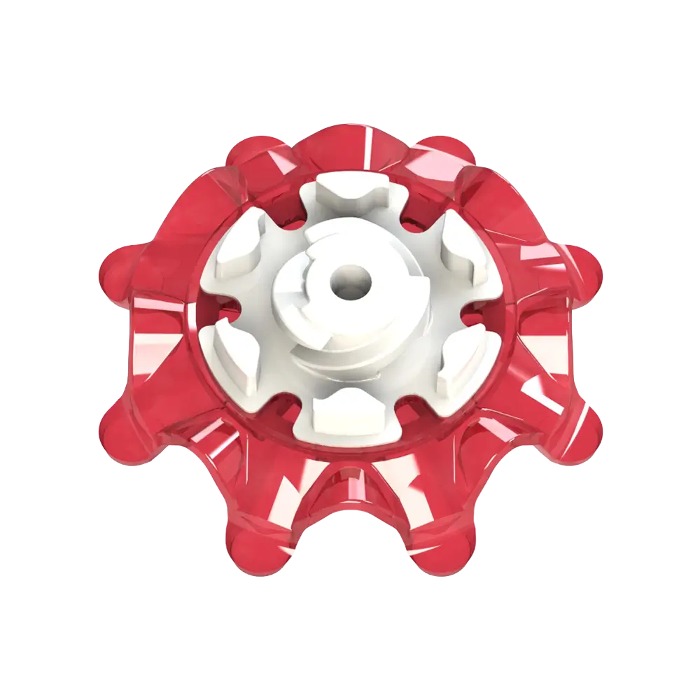 Top view of red Pulsar golf spike on a white background