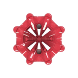 Bottom view of red Pulsar golf spike on a white background