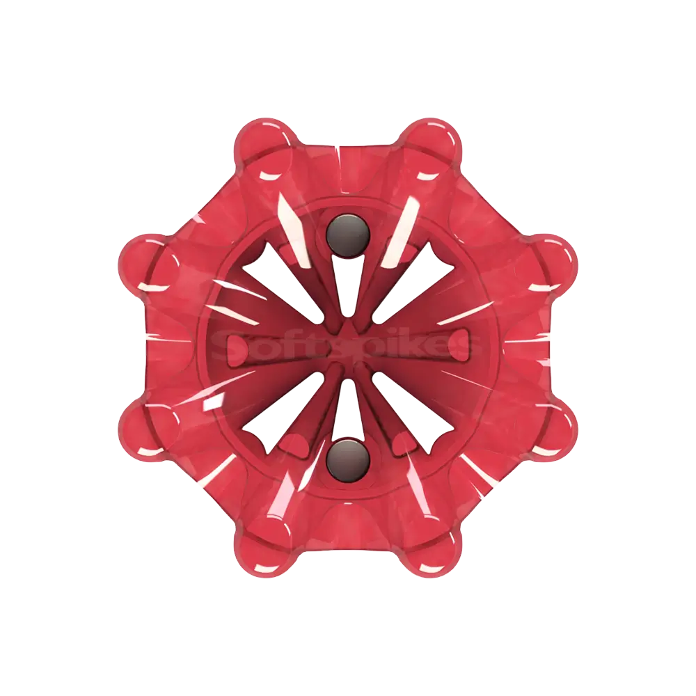 Bottom view of red Pulsar golf spike on a white background