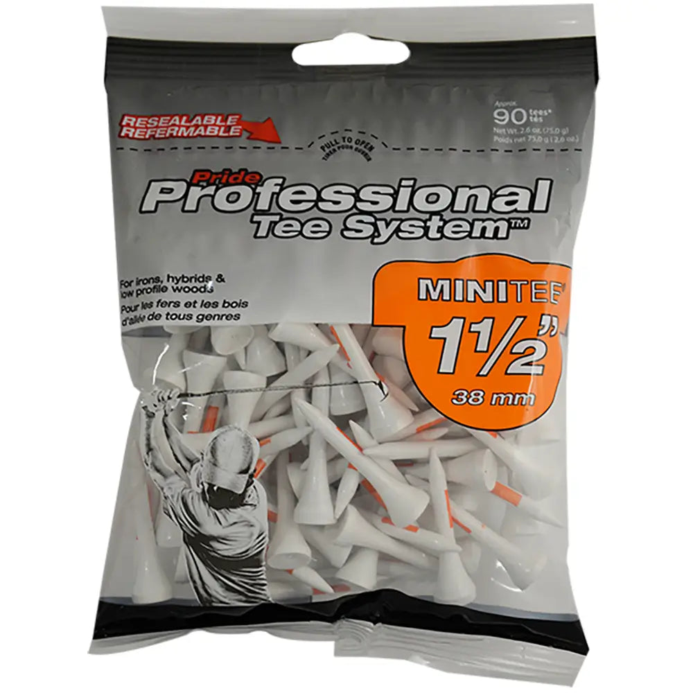 Package of Pride Professional Tee System golf tees with visible branding and product details.