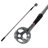 Metal ball retriever with a long handle and metal head on a white background
