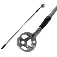 Metal ball retriever with a long handle and metal head on a white background