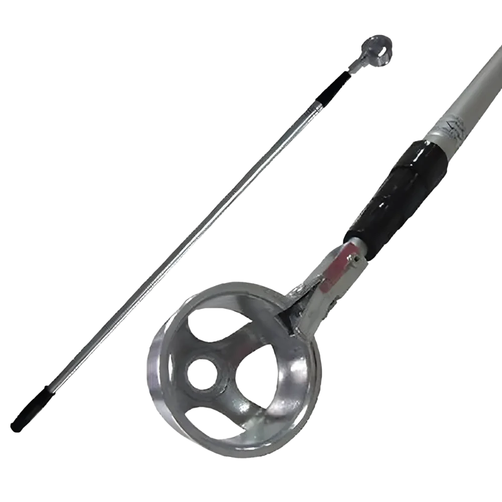Metal ball retriever with a long handle and metal head on a white background