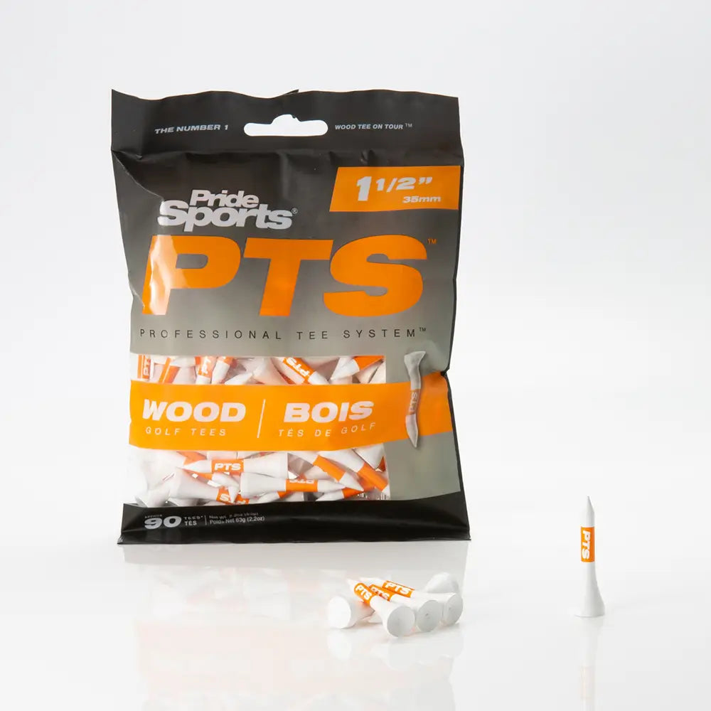 Package of PrideSports 1 1/2" white PTS golf tees on a white background