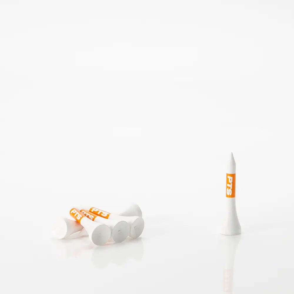 Collection of white PrideSports PTS tees with orange print on a white background