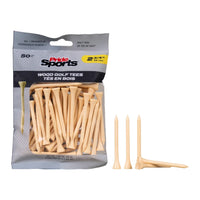 A bag of 50 Pride Sports wood golf tees, sized 2 3/4 inches, in natural stands beside five tees.
