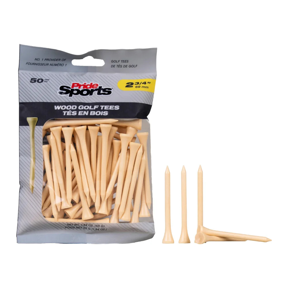A bag of 50 Pride Sports wood golf tees, sized 2 3/4 inches, in natural stands beside five tees.