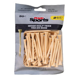 A bag of 50 Pride Sports wood golf tees, sized 2 3/4 inches, displays its natural color through the packaging.