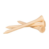 Three natural wood golf tees rest crossed together on a plain background.