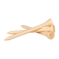 Three natural wood golf tees rest crossed together on a plain background.
