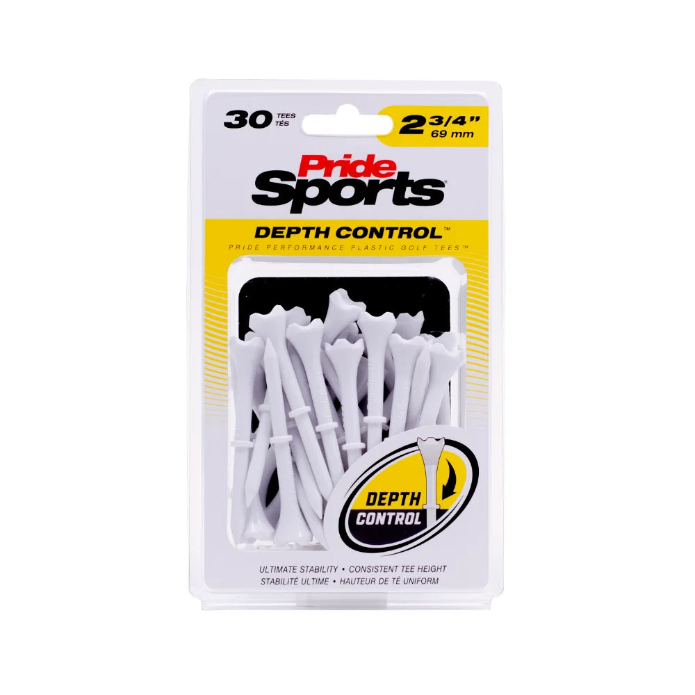 A pack of 30 pride sports white plastic golf tees with depth control feature, measuring 2 3/4 inches.