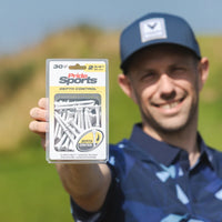 A golfer holding pack of 30 pride sports white plastic golf tees with depth control feature, measuring 2 3/4 inches.