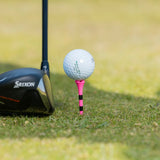 A custom titleist golf ball positioned on a pink pride performance tee with a club positioned next to the ball. 
