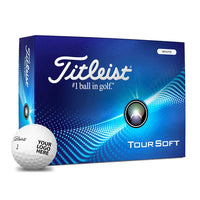 Titleist Tour Soft golf ball packaging with a blue box and white golf ball on a white background