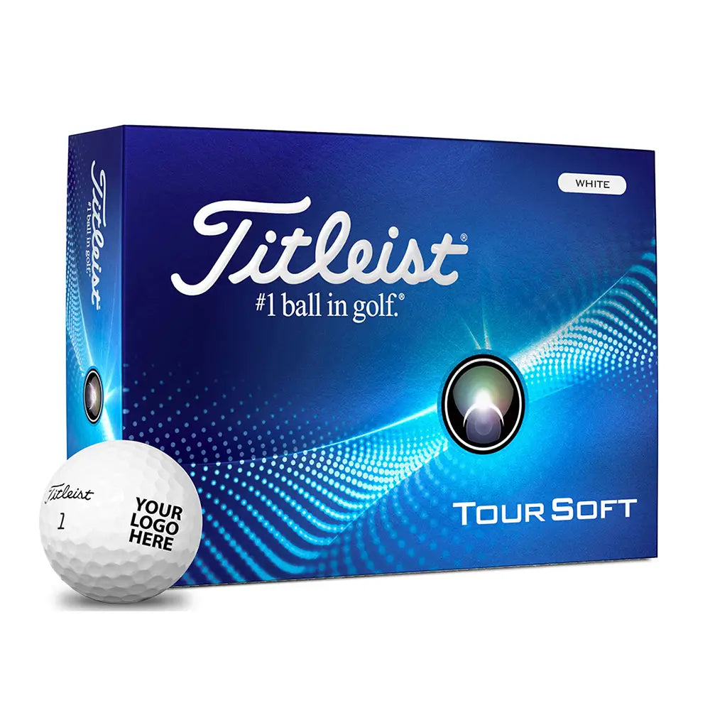 Titleist Tour Soft golf ball packaging with a blue box and white golf ball on a white background