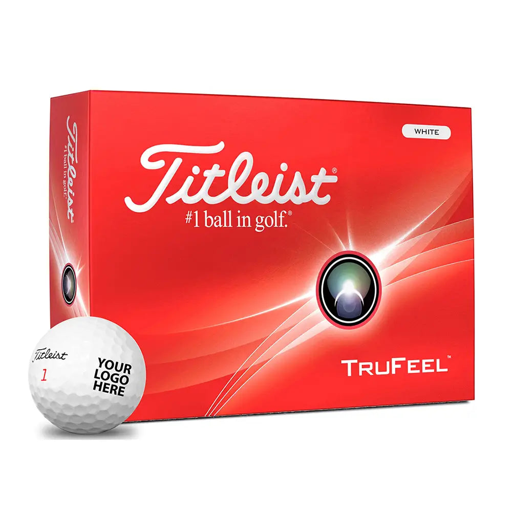 Titleist TruFeel golf ball box with a golf ball in front on a white background