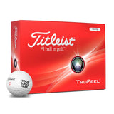 Titleist TruFeel golf ball box with a golf ball in front on a white background