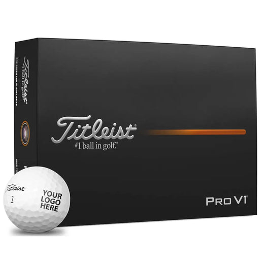 Box of Titleist Pro V1 golf balls and 1 golf ball with branding on a white background