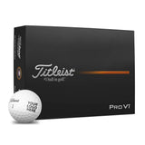 Box of Titleist Pro V1 golf balls and 1 golf ball with branding on a white background