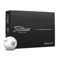 Box of Titleist Pro V1 golf balls and 1 golf ball with branding on a white background