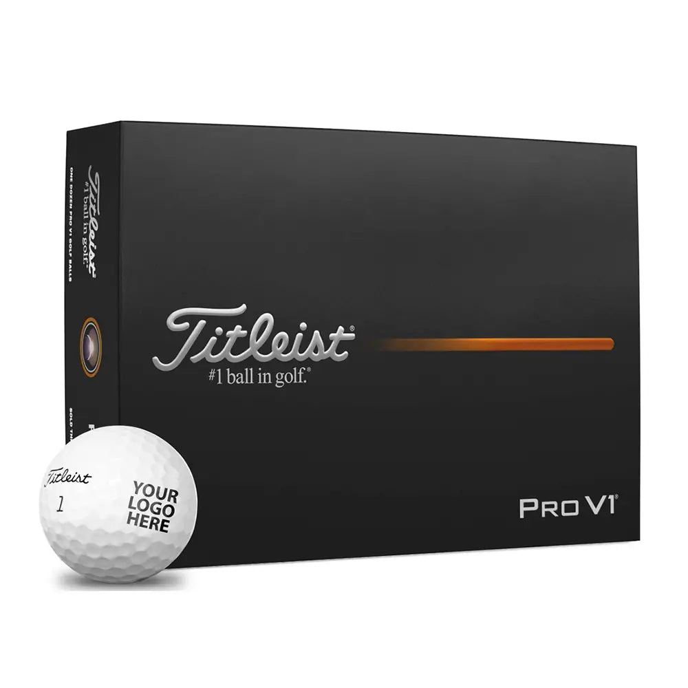 Box of Titleist Pro V1 golf balls and 1 golf ball with branding on a white background