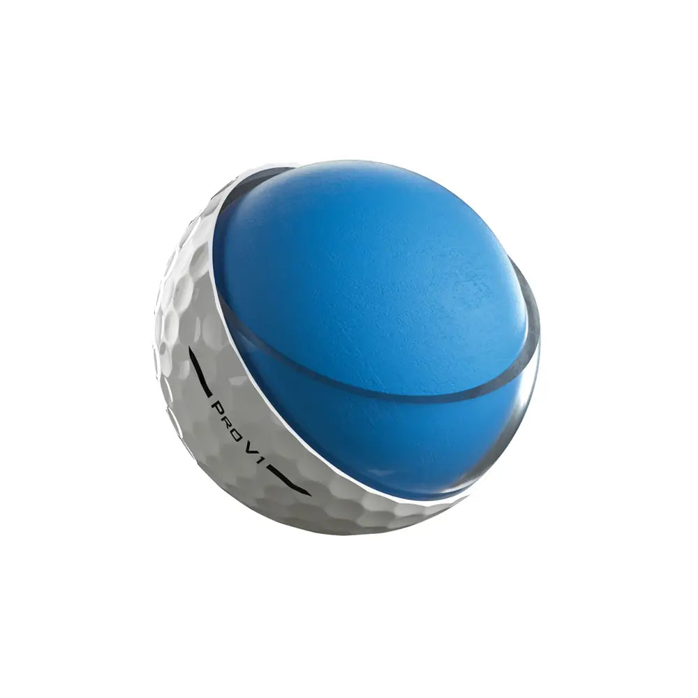 Cut away of a white Titleist golf ball to show blue interior on a white background