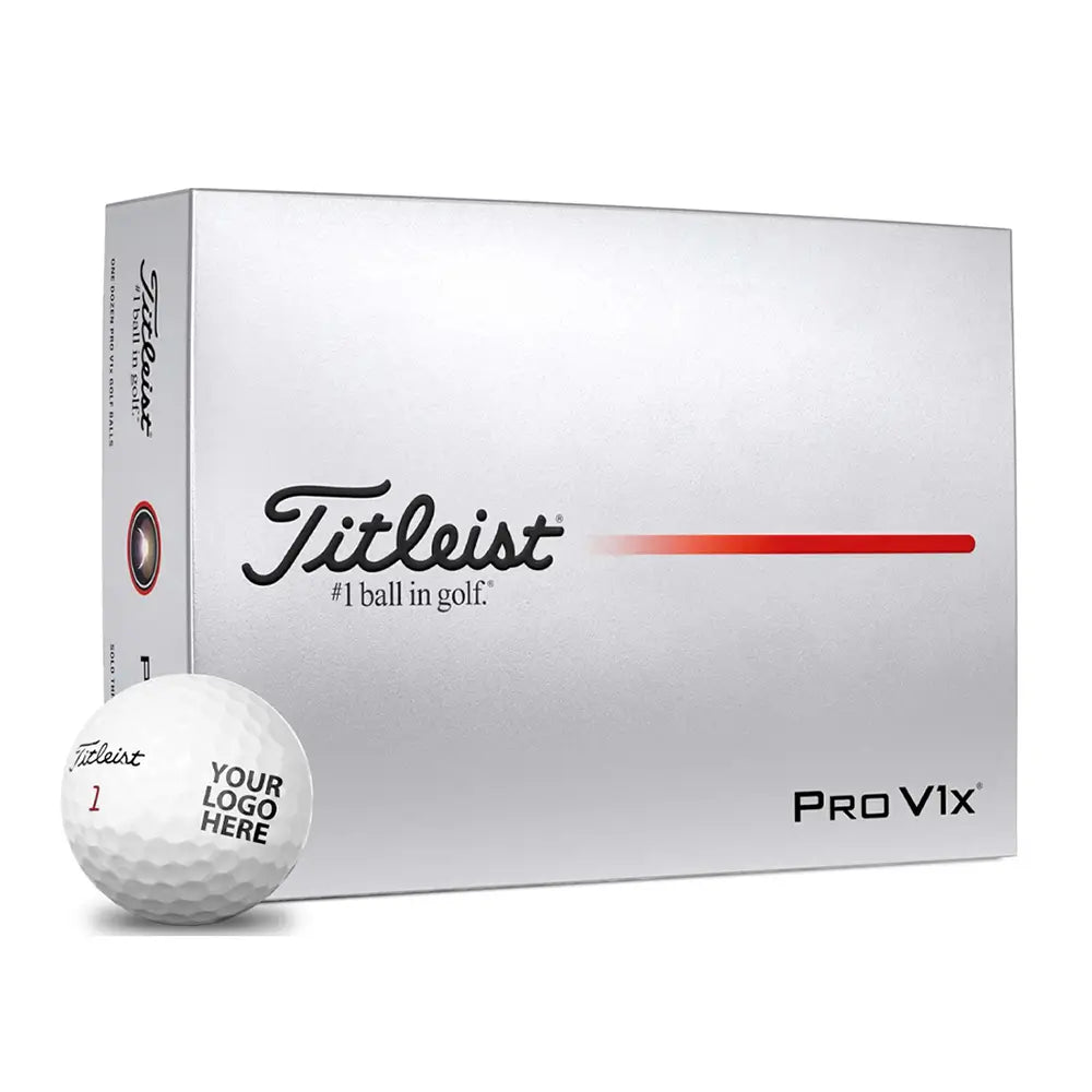 Box of Titleist Pro V1X golf balls with one imprinted golf ball on a white background