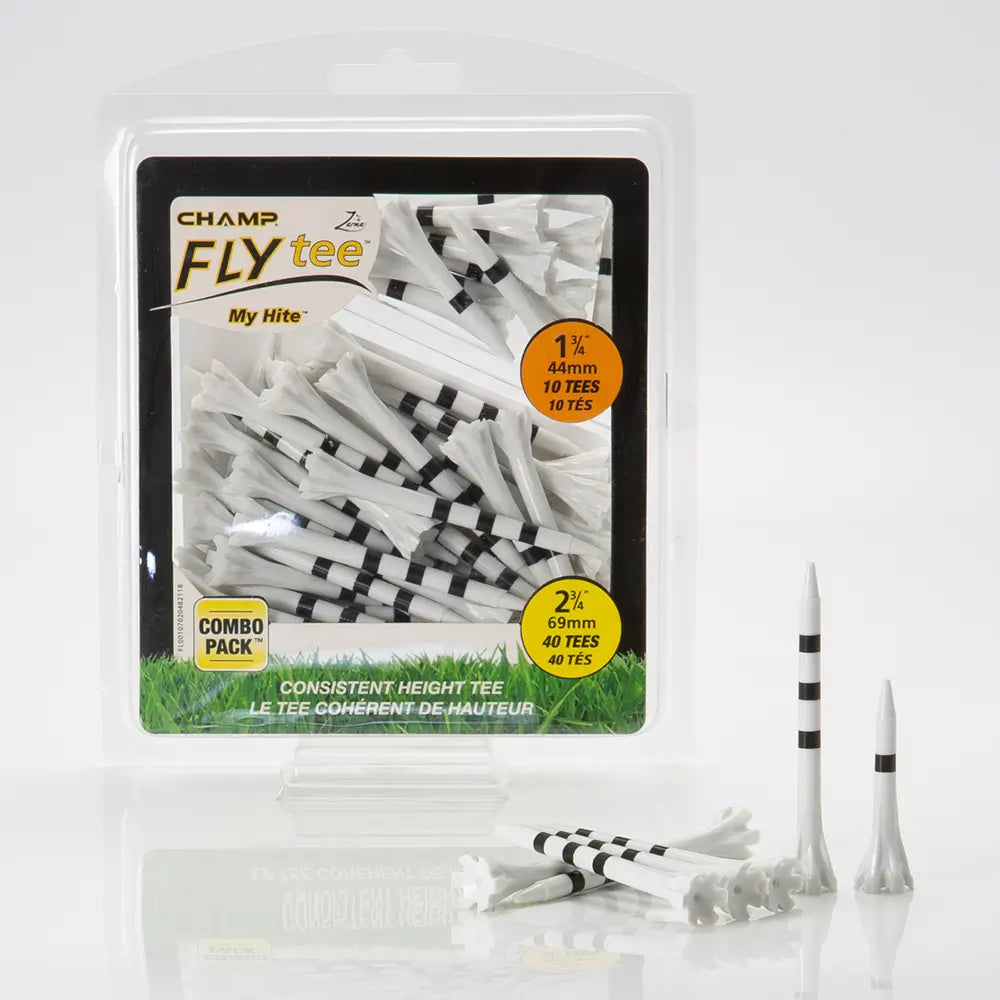 Packaged golf tees with visible branding on a white background